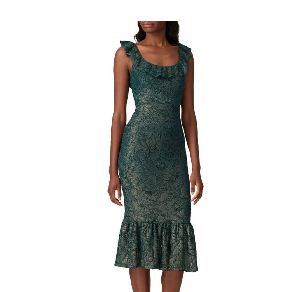 Nightcap Metallic Green Midi‎ Gown Fitted Lace Ruffle Women's Size XS